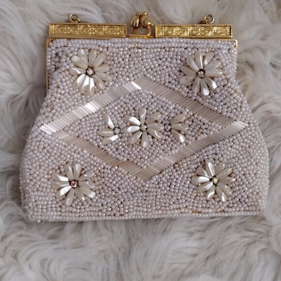Vintage White Beaded Floral Evening Purse Gold Frame Handheld Clutch - Picture 3 of 11